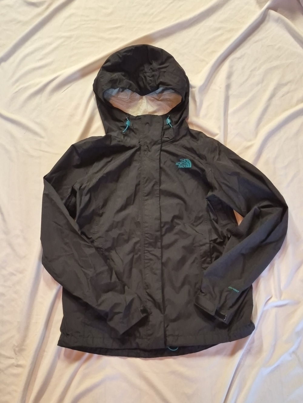 The North Face Women's Black Hooded Rain Jacket with Teal Logo Size Sm